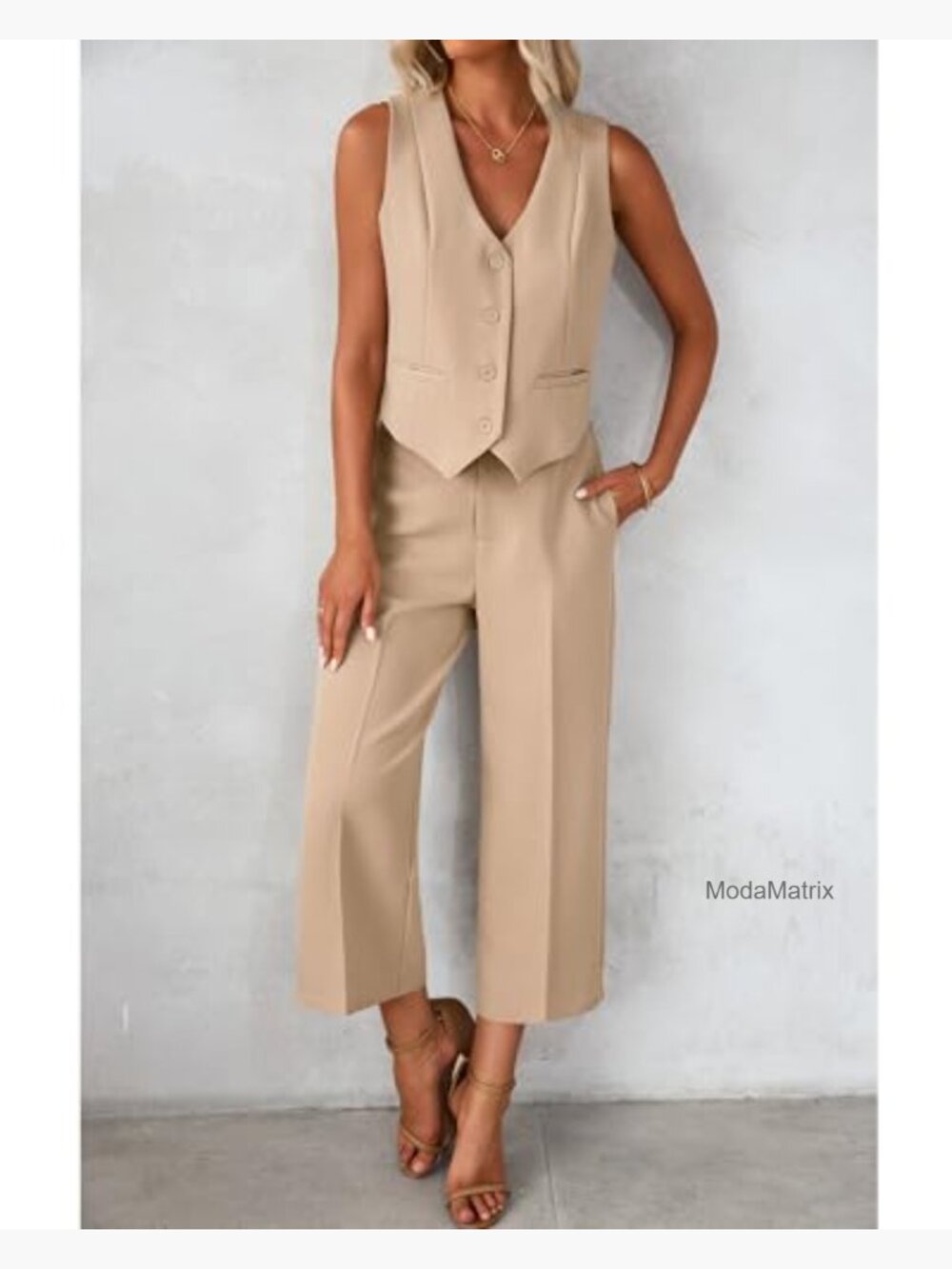 Sleeveless Blazer Vest and Wide Leg Capri Pants 2-Piece Work Outfit Set - Picture 5 of 7